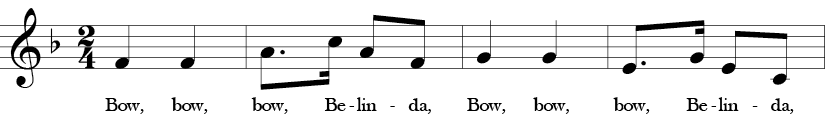 F Major. 2/4 Time Signature. First four measures of Bow Belinda.