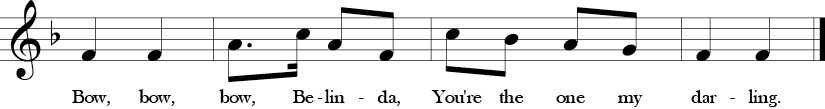 F Major. 2/4 Time Signature. Last four measures of Bow Belinda.