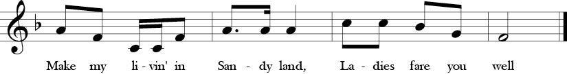 F Major. 2/4 Time Signature. Last four measures of Bow Belinda.