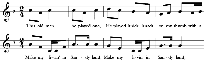 F Major. 2/4 Time Signature. Two part song. First four measures of This Old Man simultaneous with Sandy Land.