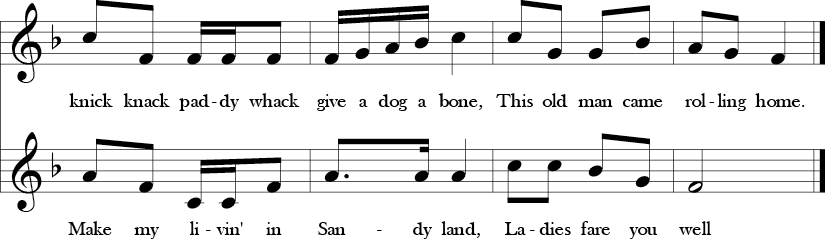 F Major. 2/4 Time Signature. Two part song. Last four measures of This Old Man simultaneous with Sandy Land.