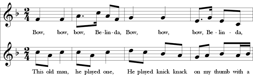 F Major. 2/4 Time Signature. Two part song. First four measures of Bow Belinda simultaneous with This Old Man.