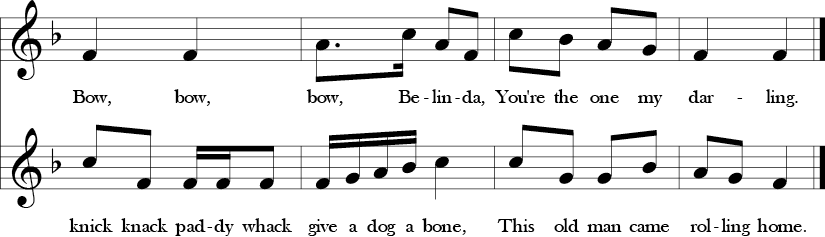 F Major. 2/4 Time Signature. Two part song. Last four measures of Bow Belinda simultaneous with This Old Man.