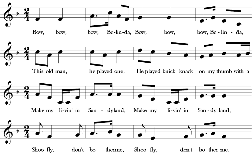 F Major. 2/4 Time Signature. 4 part vocal song. First four measures of Bow Belinda, This Old Man, Shoo Fly, and Sandy Land.