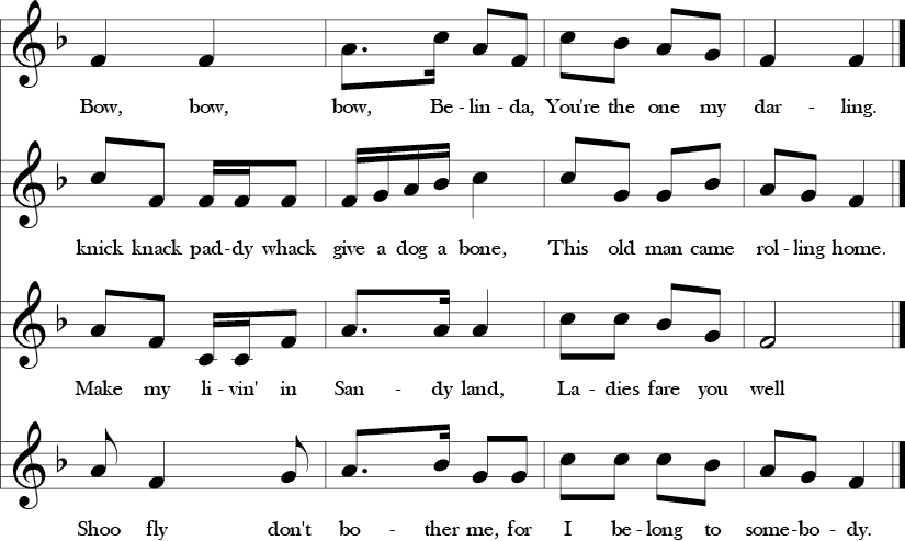 F Major. 2/4 Time Signature. 4 part vocal song. Last four measures of Bow Belinda, This Old Man, Shoo Fly, and Sandy Land.