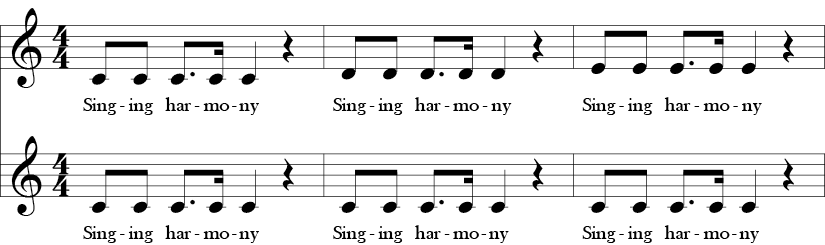 C Major. 4/4 Time Signature. Two part vocal song. First three measures of Warm-up for Harmony