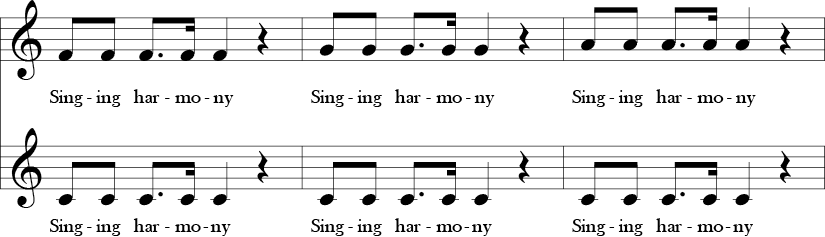 C Major. 4/4 Time Signature. Two part vocal song. Second three measures of Warm-up for Harmony