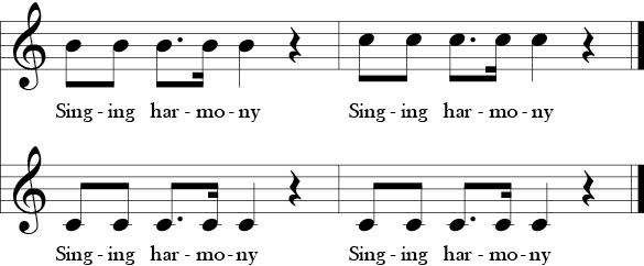 C Major. 4/4 Time Signature. Two part vocal song. Last two measures of Warm-up for Harmony
