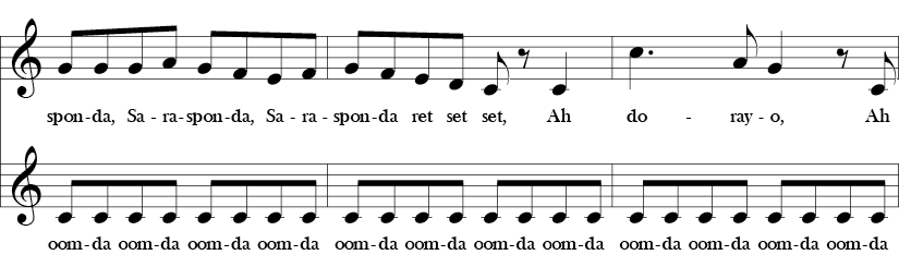 C Major. 4/4 Time Signature. Two part vocal song. Second two measures of Sarasponda.