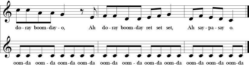 C Major. 4/4 Time Signature. Two part vocal song. Last three measures of Sarasponda.