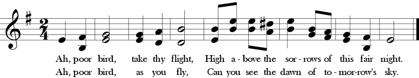 E minor. 2/4 Time signature. One treble clef with two parts. Eight measure song Ah, Poor Bird.