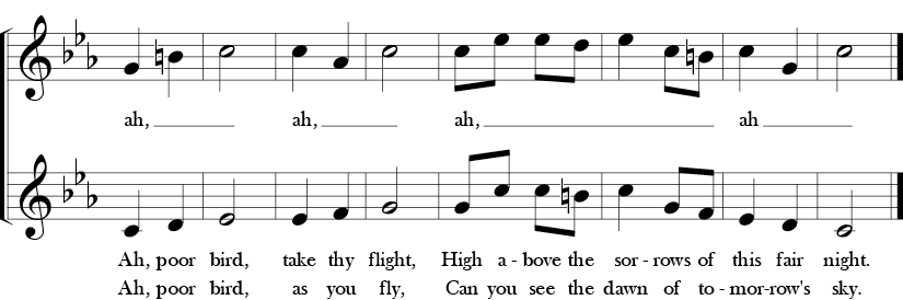 C minor 2/4 Time Signature. Two treble clef vocal lines with a descant on ah on the top. 8 measure piece Ah, Poor Bird.