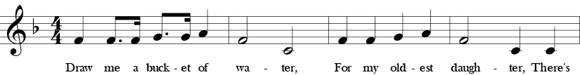 F Major. 4/4 Time signature. First four measures of Draw Me a Bucket.