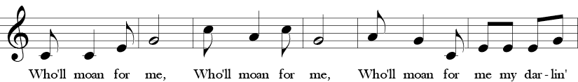 C Major. 2/4 Time Signature. Next six measures of Ridin' in a Buggy.