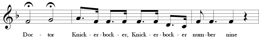 F Major. 4/4 Time signature. First three measures of Doctor Knickerbocker.