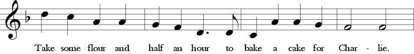 F major. 4/4 Time signature. Second four measures of Weevily Wheat.