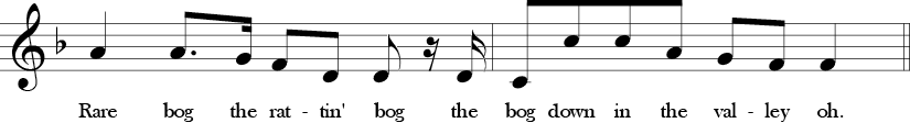 F Major. 4/4 Time signature. Second two measures of Rattlin' Bog.