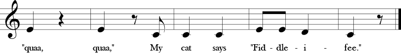 C Major. 2/4 Time signature. Last five measures of I Bought Me a Cat.