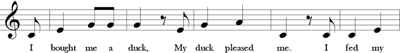 C Major. 2/4 Time signature. Third five measures of I Bought Me a Cat.