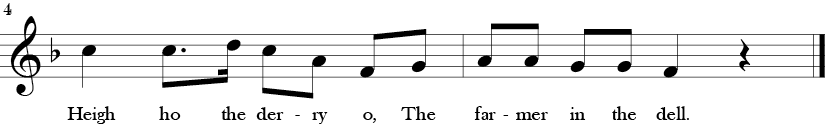 F Major. 4/4 Time signature. Last two measures of Farmer in the Dell.