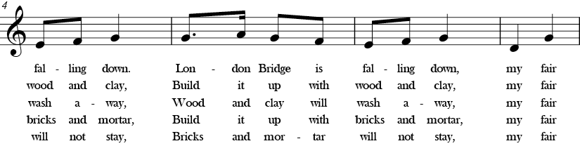 C major. 2/4 Time signature. Second four measures of London Bridge is Falling Down.