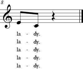 C major. 2/4 Time signature. Last measure of London Bridge is Falling Down.