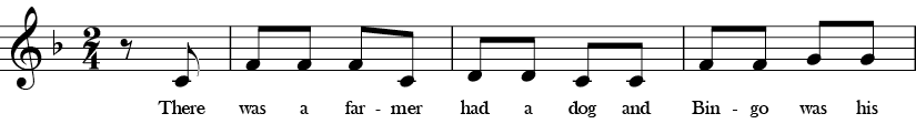 F Major. 2/4 Time Signature. Pickup to first three measures of Bingo.