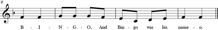 F Major. 2/4 Time Signature. Last four measures of Bingo.