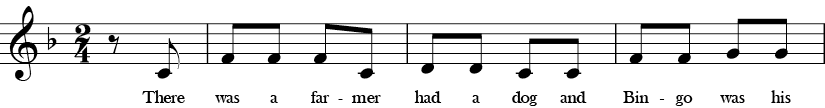 F Major. 2/4 Time signature. Pickup to first three measures of Bingo.