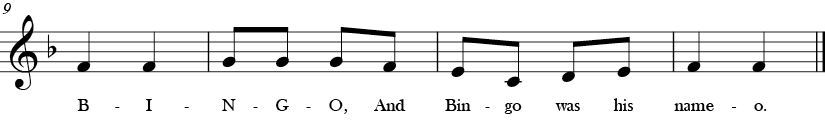 F Major. 2/4 Time signature. Last four measures of Bingo.