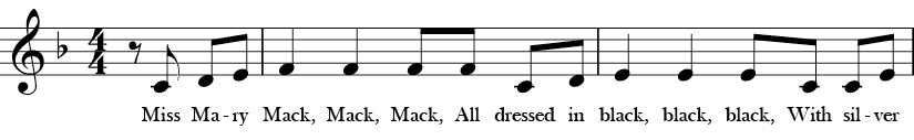 F Major. 4/4 Time signature. Pickup to first two measures of Miss Mary Mack.