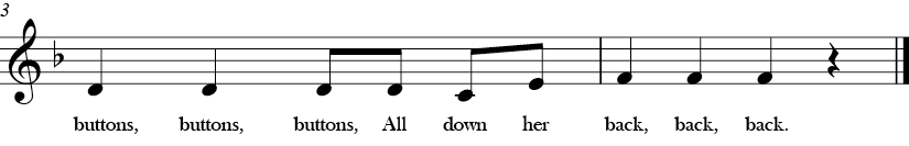 F Major. 4/4 Time signature. Last two measures of Miss Mary Mack.