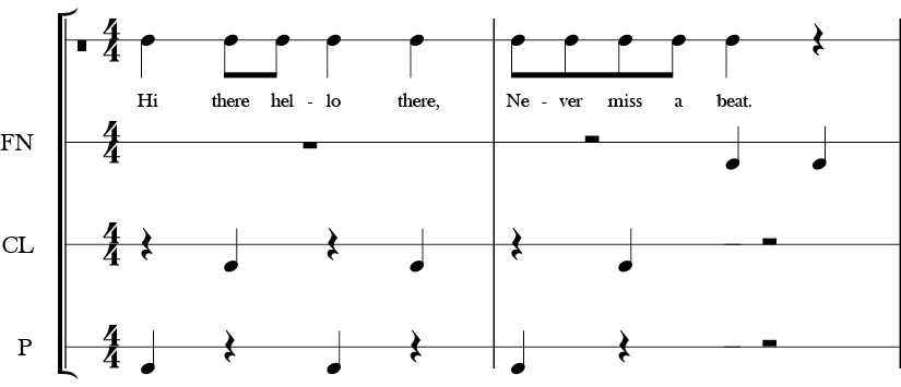 4/4 time signature. First two measures of a 4 part body rhythm piece. The top line is vocal and below it are labeled FN, CL, P.