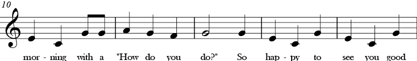 C Major. 4/4 Time signature. Third five measures of Everbody's Welcome.