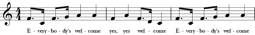 C Major. 4/4 Time signature. First three measures of Everbody's Welcome.