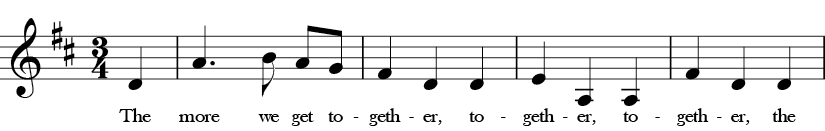 D Major. 3/4 Time signature. Pickup to first four measures of The More We Get Together.