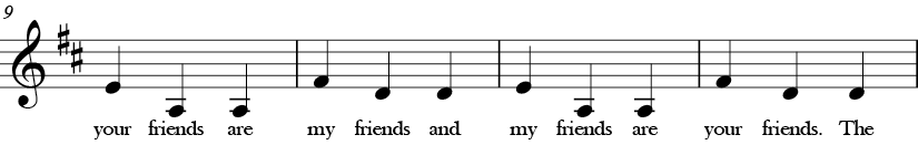 D Major. 3/4 Time signature. Third four measures of The More We Get Together.