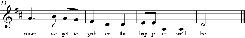 D Major. 3/4 Time signature. Last four measures of The More We Get Together.
