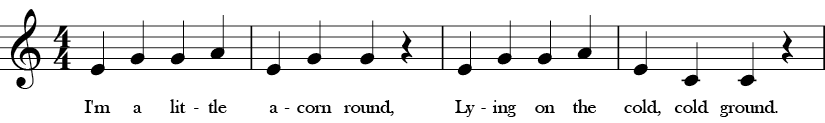 C Major. 4/4 Time signature. First four measures of I'm a Nut.