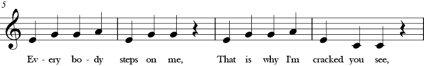 C Major. 4/4 Time signature. Second four measures of I'm a Nut.