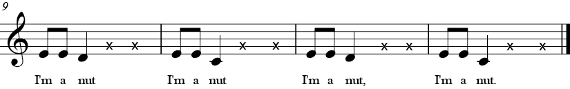 C Major. 4/4 Time signature. Last four measures of I'm a Nut.