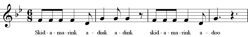 Bb Major. 6/8 Time signature. First four measures of Skidamarink.