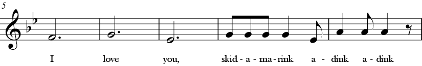 Bb Major. 6/8 Time signature. Second five measures of Skidamarink.