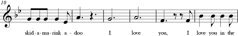 Bb Major. 6/8 Time signature. Third six measures of Skidamarink.