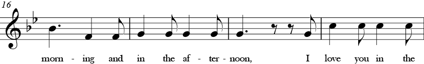 Bb Major. 6/8 Time signature. Fourth four measures of Skidamarink.