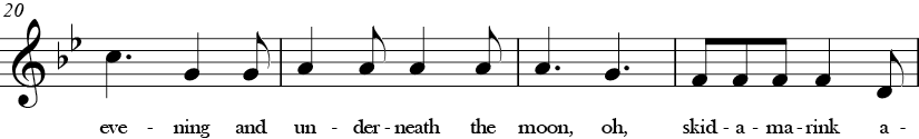 Bb Major. 6/8 Time signature. Fifth four measures of Skidamarink.