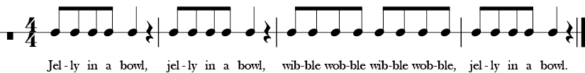 4/4 Time signature. Four measures rhythm only for Jelly in a Bowl.