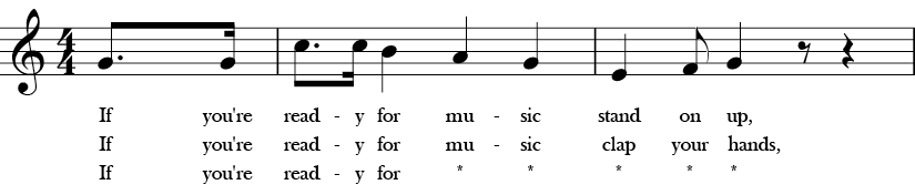 4/4 Time Signature. C Major. First 3 measures of "If You’re Ready for Music" which has an opening G-C and then descending motion.