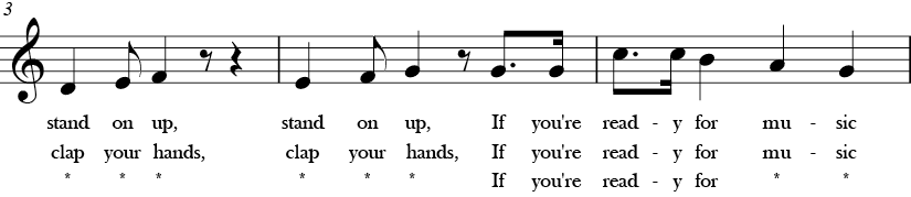 4/4 Time Signature. C Major. Second 3 measures of "If You’re Ready for Music" which is the end of the last phrase, then again has the G-C and then descending motion.