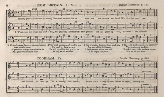 Old score includes two short songs both with three vocal parts. Songs are New Britain and Cookham
